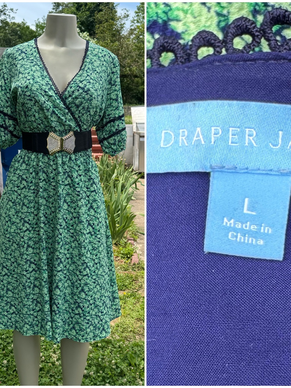 Draper James Green Floral Wrap-Style Midi Dress with Navy Trim